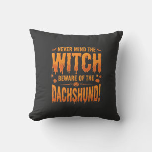 Dachshund Halloween Witch Warning Typography Vecto Throw Pillow