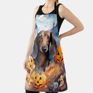Dachshund Halloween With Pumpkins Scary Apron