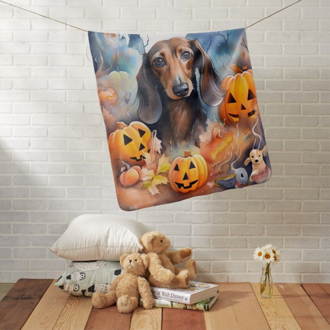 Dachshund Halloween With Pumpkins Scary Baby Blanket (In Situ)