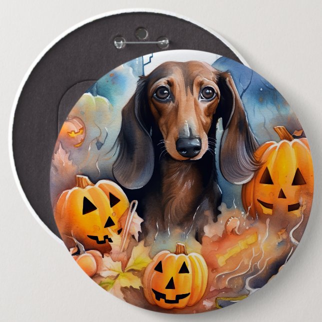 Dachshund Halloween With Pumpkins Scary Button (Front & Back)