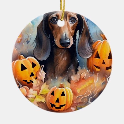 Dachshund Halloween With Pumpkins Scary Ceramic Ornament