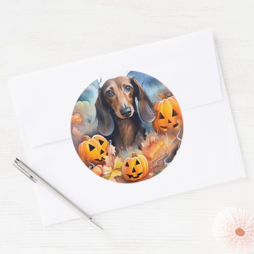 Dachshund Halloween With Pumpkins Scary Classic Round Sticker