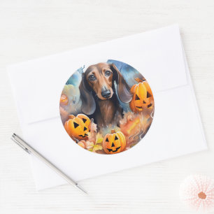 Dachshund Halloween With Pumpkins Scary Classic Round Sticker