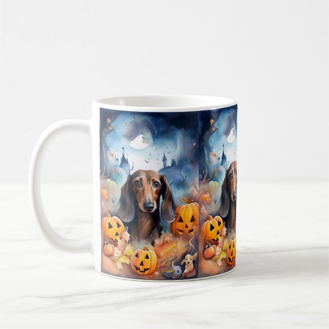 Dachshund Halloween With Pumpkins Scary Coffee Mug (Left)