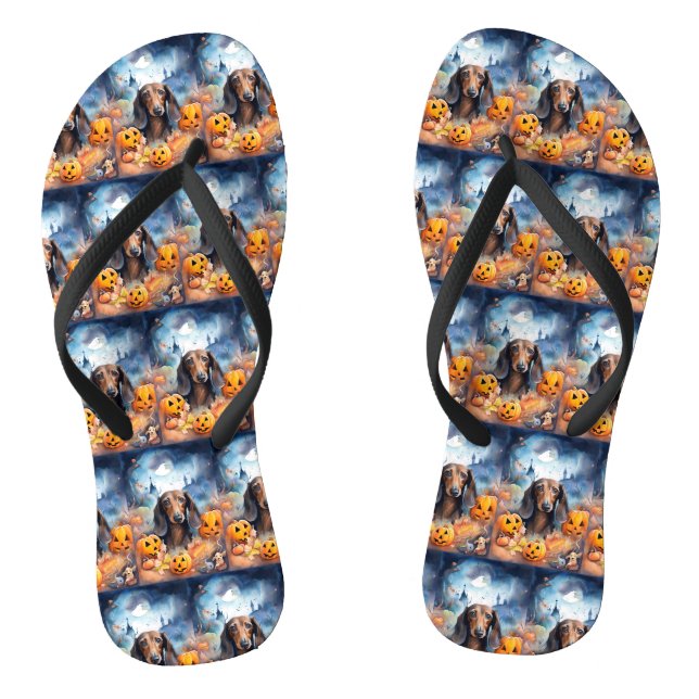 Dachshund Halloween With Pumpkins Scary Flip Flops (Footbed)