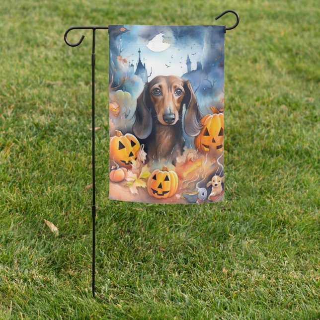 Dachshund Halloween With Pumpkins Scary Garden Flag (In SItu)