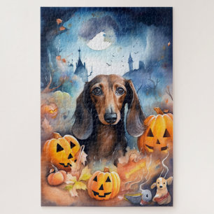 Dachshund Halloween With Pumpkins Scary Jigsaw Puzzle