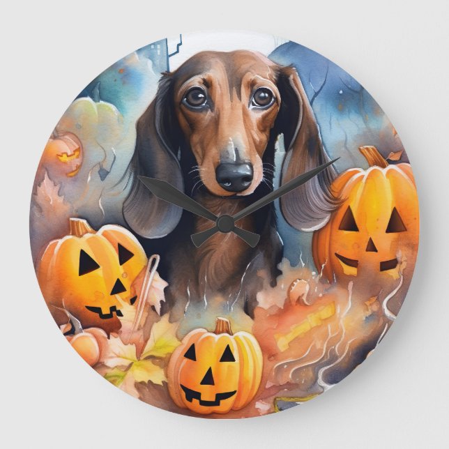 Dachshund Halloween With Pumpkins Scary Large Clock (Front)