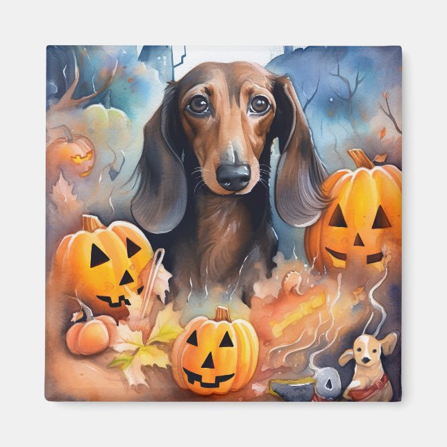 Dachshund Halloween With Pumpkins Scary Magnet (Front)