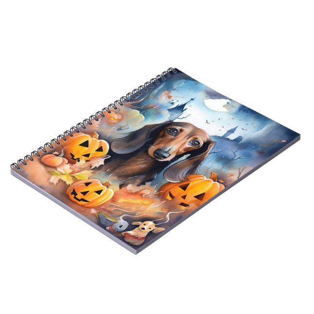 Dachshund Halloween With Pumpkins Scary Notebook (Left Side)
