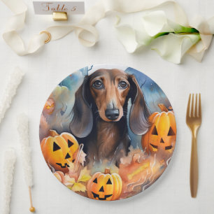 Dachshund Halloween With Pumpkins Scary Paper Plates