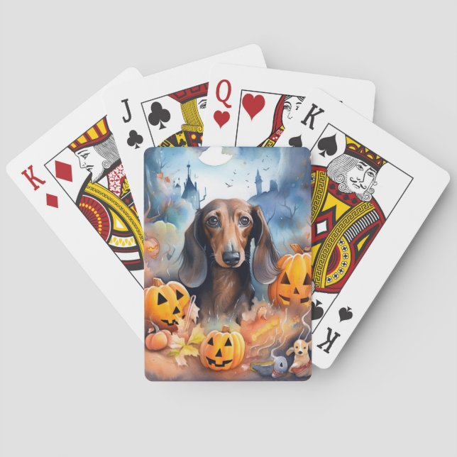 Dachshund Halloween With Pumpkins Scary Poker Cards (Back)