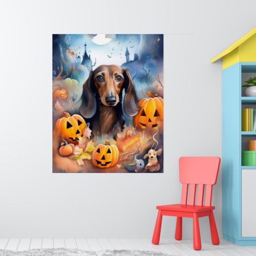 Dachshund Halloween With Pumpkins Scary Poster