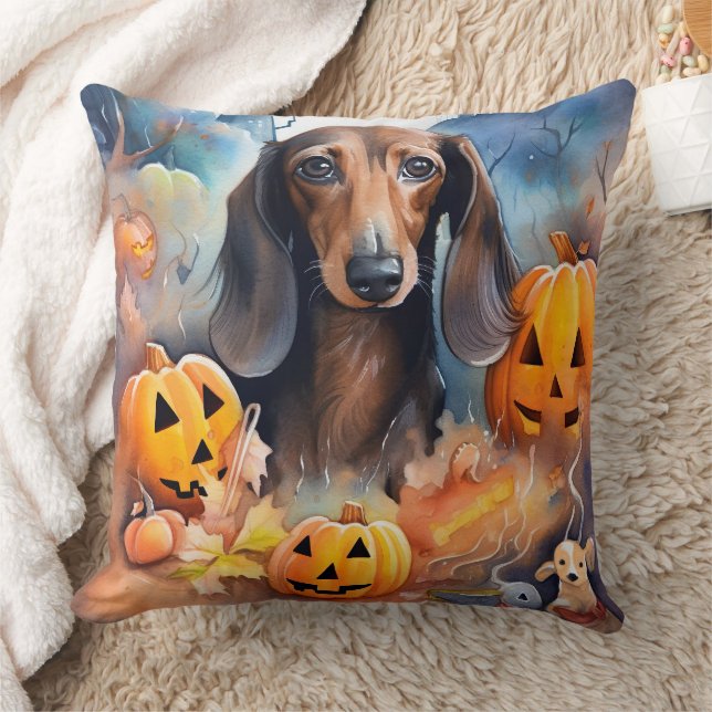 Dachshund Halloween With Pumpkins Scary Throw Pillow (Blanket)
