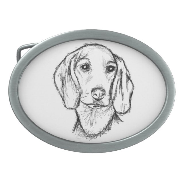 dachshund hand drawn sketch black white puppy dog  belt buckle (Front)
