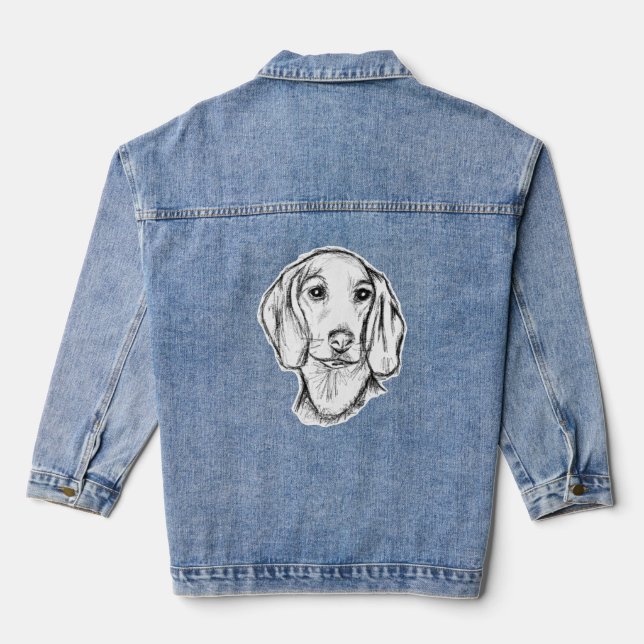 dachshund hand drawn sketch black white puppy dog denim jacket (Back)