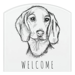 dachshund hand drawn sketch black white puppy dog door sign