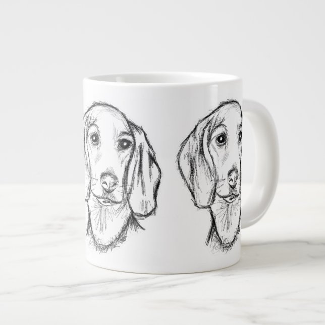 dachshund hand drawn sketch black white puppy dog  giant coffee mug (Front Right)