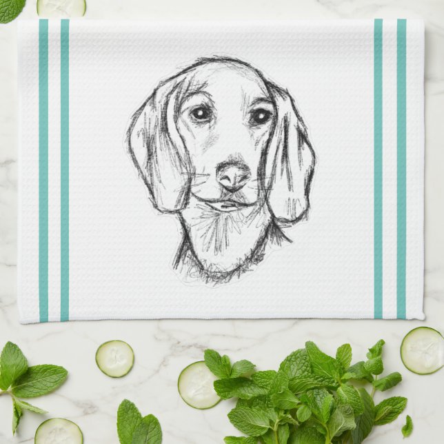 dachshund hand drawn sketch black white puppy dog  kitchen towel (Folded)