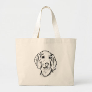 dachshund hand drawn sketch black white puppy dog  large tote bag