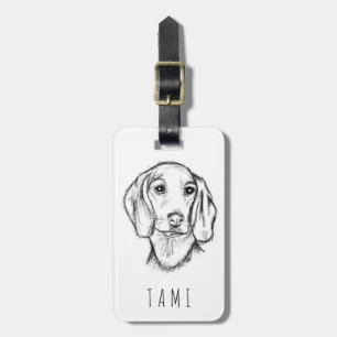 dachshund hand drawn sketch black white puppy dog luggage tag