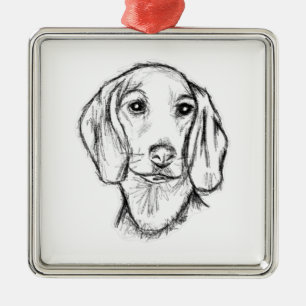 dachshund hand drawn sketch black white puppy dog  metal ornament