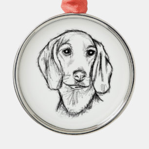 dachshund hand drawn sketch black white puppy dog metal ornament