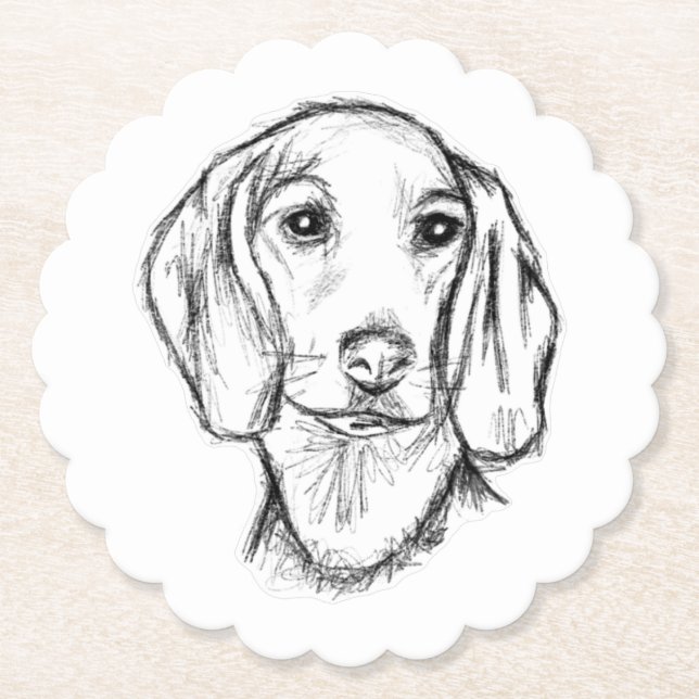 dachshund hand drawn sketch black white puppy dog  paper coaster (Front)