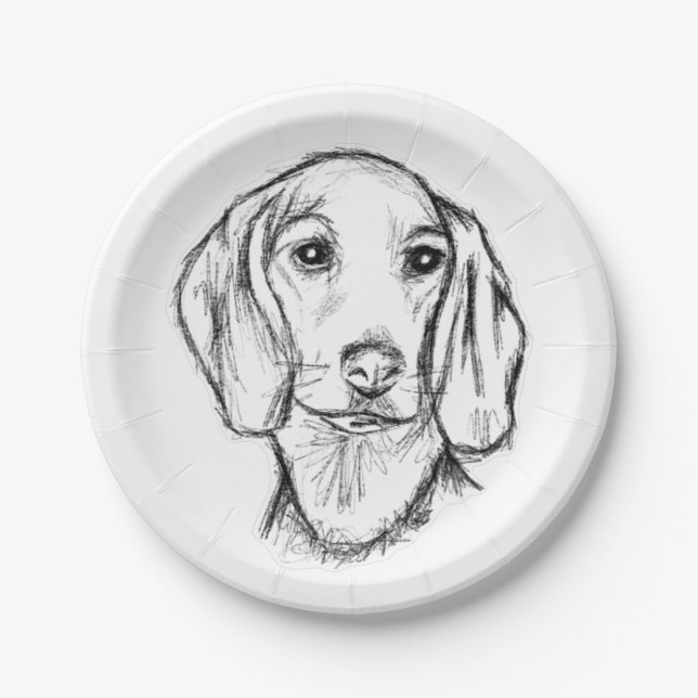 dachshund hand drawn sketch black white puppy dog  paper plates (Front)