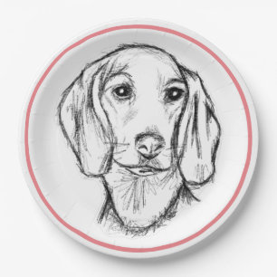 dachshund hand drawn sketch black white puppy dog paper plates