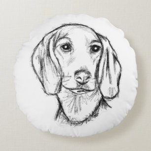 dachshund hand drawn sketch black white puppy dog  round pillow