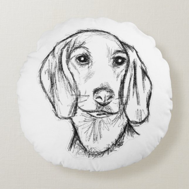 dachshund hand drawn sketch black white puppy dog  round pillow (Front)