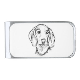 dachshund hand drawn sketch black white puppy dog silver finish money clip