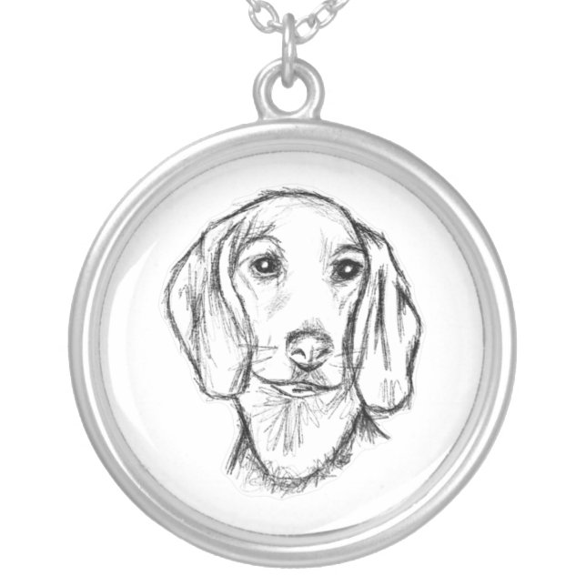 dachshund hand drawn sketch black white puppy dog  silver plated necklace (Front)