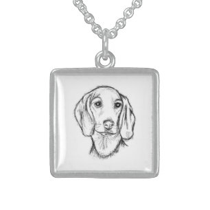 dachshund hand drawn sketch black white puppy dog sterling silver necklace
