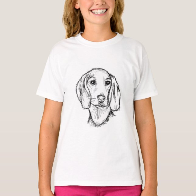 dachshund hand drawn sketch black white puppy dog T-Shirt (Front)