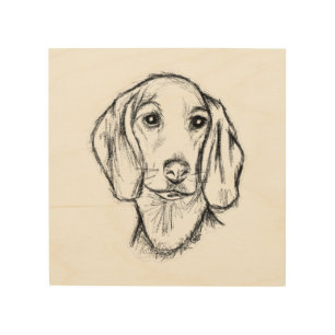 dachshund hand drawn sketch black white puppy dog wood wall art