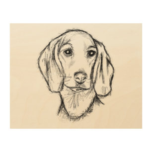 dachshund hand drawn sketch black white puppy dog  wood wall art