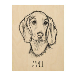 dachshund hand drawn sketch black white puppy dog  wood wall art