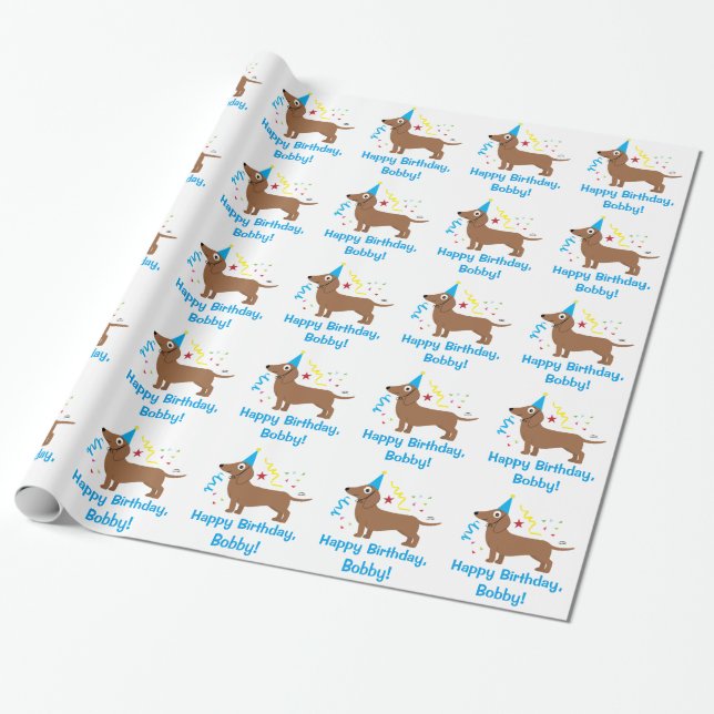Dachshund Happy Birthday Name Customizable Wrapping Paper (Unrolled)