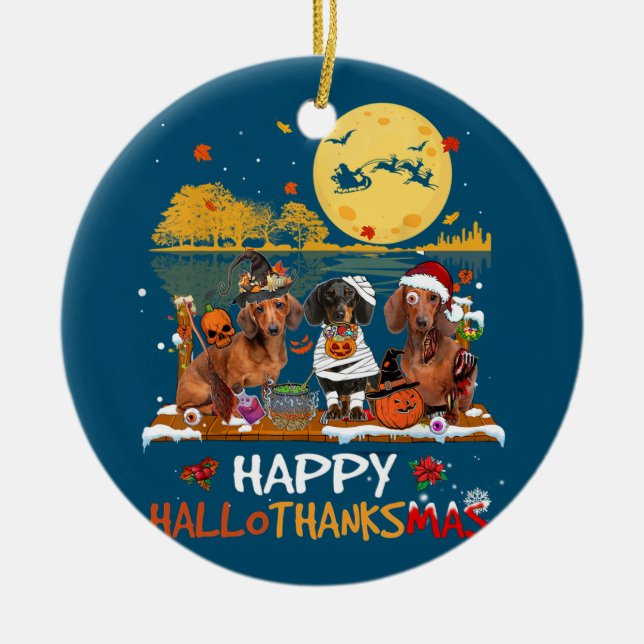 Dachshund Happy Hallothanksmas Halloween Thanksgiv Ceramic Ornament (Front)