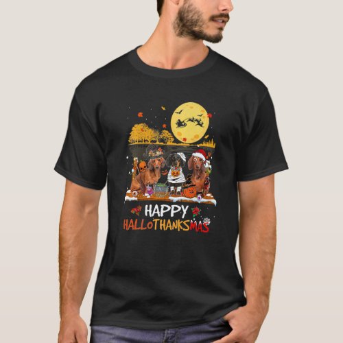 Dachshund Happy Hallothanksmas Halloween Thanksgiv T_Shirt