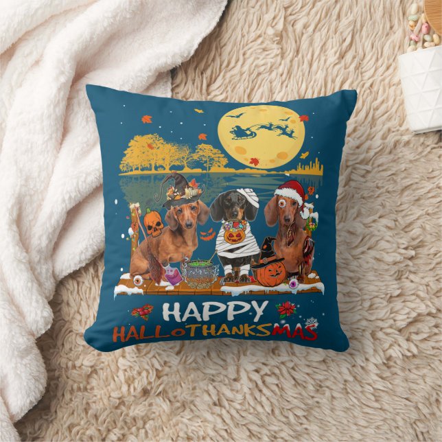 Dachshund Happy Hallothanksmas Halloween Thanksgiv Throw Pillow (Blanket)