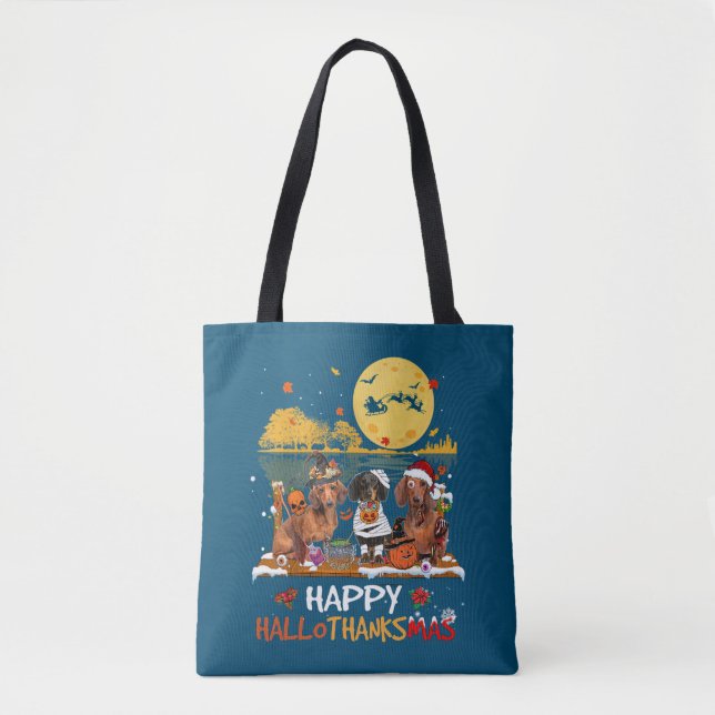 Dachshund Happy Hallothanksmas Halloween Thanksgiv Tote Bag (Front)