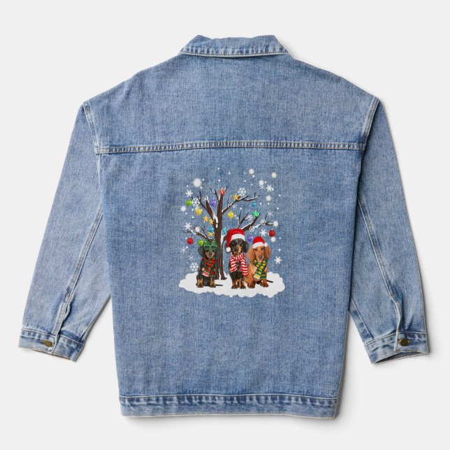 Dachshund Hat Santa Xmas Lights Christmas Ornament Denim Jacket (Back)