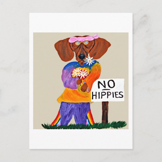 Dachshund Hippie at No Hippies Sign Postcard (Front)