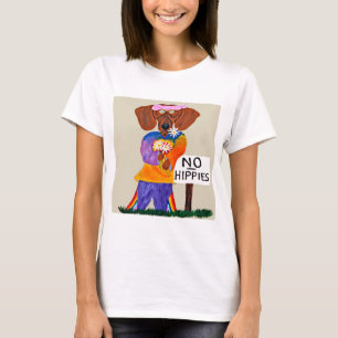 Dachshund Hippie at No Hippies Sign T-Shirt