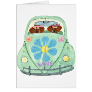 Dachshund Hippies In Their Flower Love Car