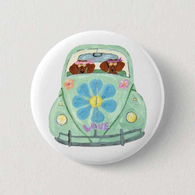 Dachshund Hippies In Their Flower Love Car Button (Front)