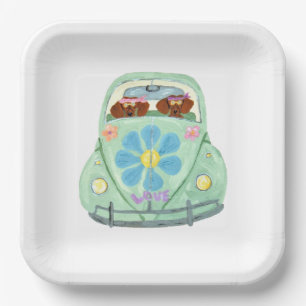 Dachshund Hippies In Their Flower Love Car Paper Plates